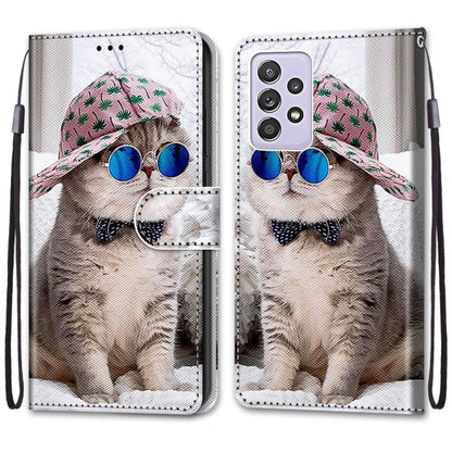 For Samsung Galaxy A52 5G Coloured Drawing Cross Texture Horizontal Flip PU Leather Case with Holder & Card Slots & Wallet & Lanyard(Slant Hat Blue Mirror Cat) by buy2fix