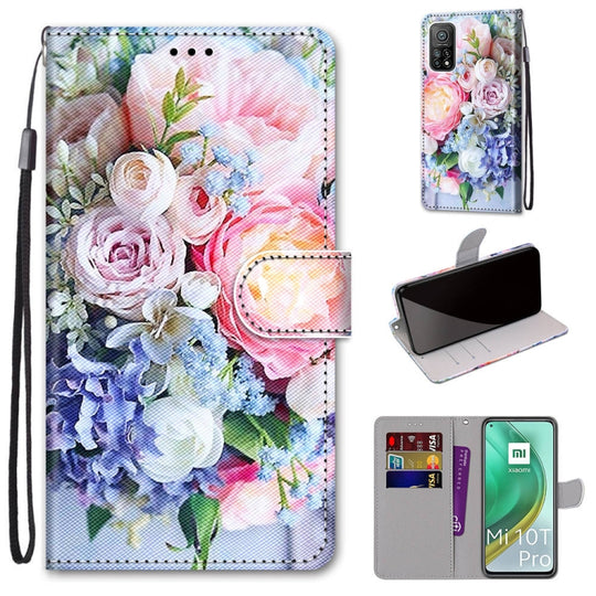 For Xiaomi Mi 10T Pro / 10T / K30s Coloured Drawing Cross Texture Horizontal Flip PU Leather Case with Holder & Card Slots & Wallet & Lanyard(Light Pink Bouquet)