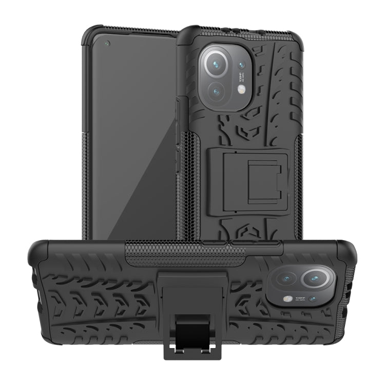 For Xiaomi Mi 11 Tire Texture Shockproof TPU+PC Protective Case with Holder(Black) - Xiaomi Cases by buy2fix | Online Shopping UK | buy2fix