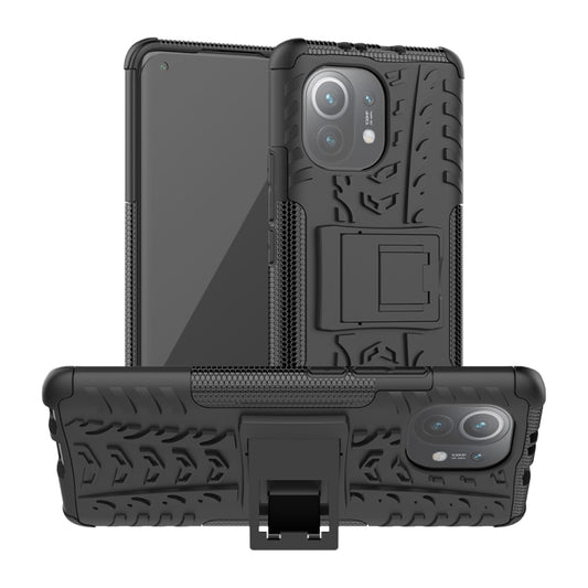 For Xiaomi Mi 11 Tire Texture Shockproof TPU+PC Protective Case with Holder(Black) - Xiaomi Cases by buy2fix | Online Shopping UK | buy2fix