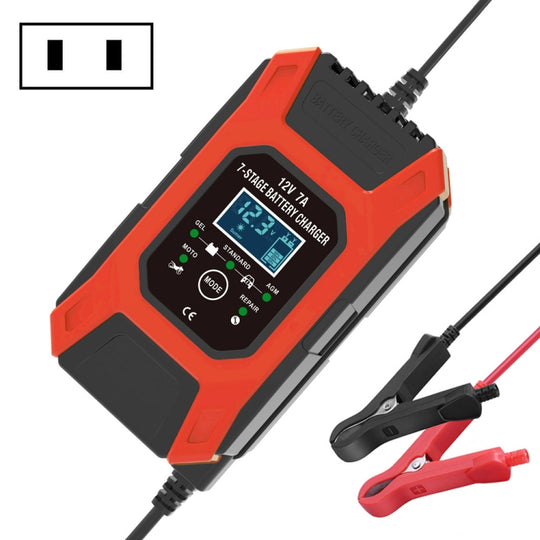 FOXSUR Auto-/Motorrad-Reparatur-Ladegerät 12 V 7 A 7-Stufen + Multi-Batterie-Modus Blei-Säure-Ladegerät, Steckertyp: US-Stecker (rot)