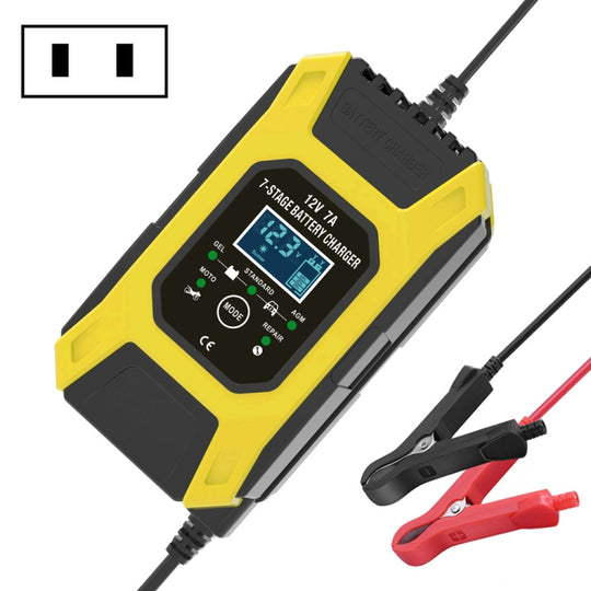 FOXSUR Auto-/Motorrad-Reparatur-Ladegerät 12 V 7 A 7-Stufen + Multi-Batterie-Modus Blei-Säure-Ladegerät, Steckertyp: US-Stecker (Gelb)