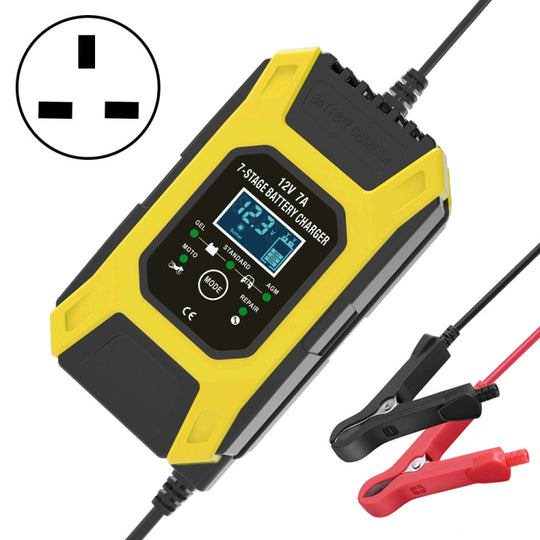 FOXSUR Auto-/Motorrad-Reparatur-Ladegerät 12 V 7 A 7-Stufen + Multi-Batterie-Modus Blei-Säure-Ladegerät, Steckertyp: UK-Stecker (Gelb)