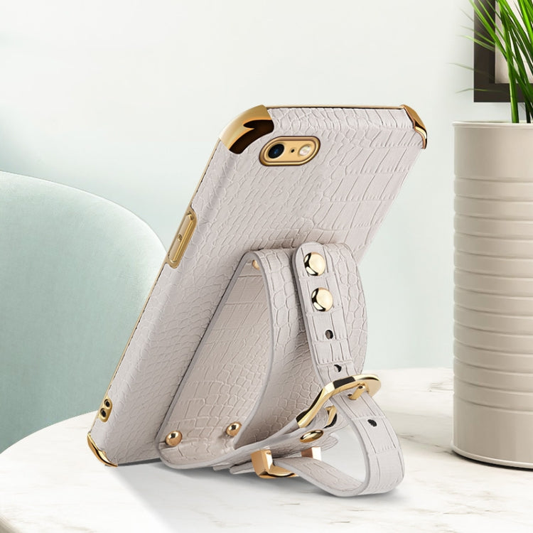 For iPhone SE 2022 / SE 2020 / 8 / 7 Electroplated TPU Crocodile Pattern Leather Case with Wrist Strap(White) - iPhone SE 2022 / 2020 / 8 / 7 Cases by buy2fix | Online Shopping UK | buy2fix