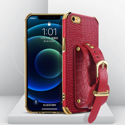 For iPhone SE 2022 / SE 2020 / 8 / 7 Electroplated TPU Crocodile Pattern Leather Case with Wrist Strap(Red) - iPhone SE 2022 / 2020 / 8 / 7 Cases by buy2fix | Online Shopping UK | buy2fix