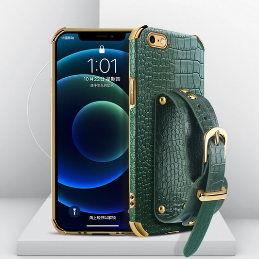 For iPhone SE 2022 / SE 2020 / 8 / 7 Electroplated TPU Crocodile Pattern Leather Case with Wrist Strap(Green) - iPhone SE 2022 / 2020 / 8 / 7 Cases by buy2fix | Online Shopping UK | buy2fix