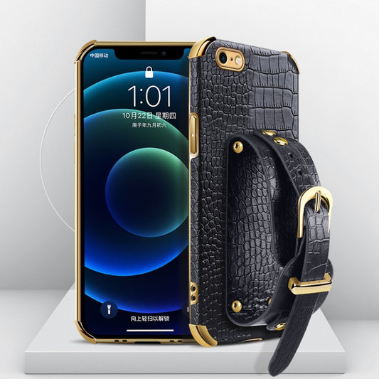 For iPhone SE 2022 / SE 2020 / 8 / 7 Electroplated TPU Crocodile Pattern Leather Case with Wrist Strap(Black) - iPhone SE 2022 / 2020 / 8 / 7 Cases by buy2fix | Online Shopping UK | buy2fix