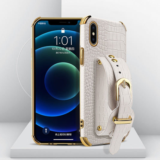 For iPhone X / XS Electroplated TPU Crocodile Pattern Leather Case with Wrist Strap(White) - More iPhone Cases by buy2fix | Online Shopping UK | buy2fix