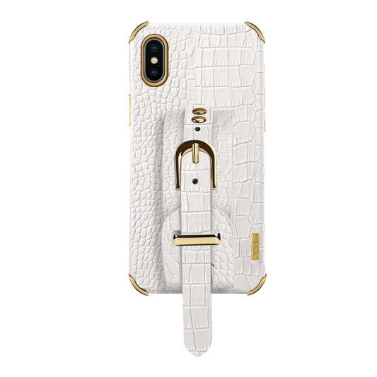 For iPhone X / XS Electroplated TPU Crocodile Pattern Leather Case with Wrist Strap(White) - More iPhone Cases by buy2fix | Online Shopping UK | buy2fix
