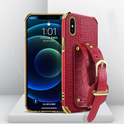 For iPhone X / XS Electroplated TPU Crocodile Pattern Leather Case with Wrist Strap(Red) - More iPhone Cases by buy2fix | Online Shopping UK | buy2fix