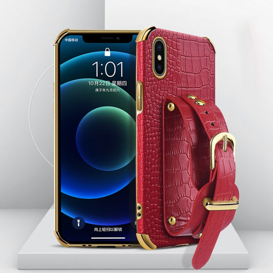 For iPhone X / XS Electroplated TPU Crocodile Pattern Leather Case with Wrist Strap(Red) - More iPhone Cases by buy2fix | Online Shopping UK | buy2fix