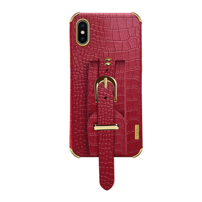 For iPhone X / XS Electroplated TPU Crocodile Pattern Leather Case with Wrist Strap(Red) - More iPhone Cases by buy2fix | Online Shopping UK | buy2fix