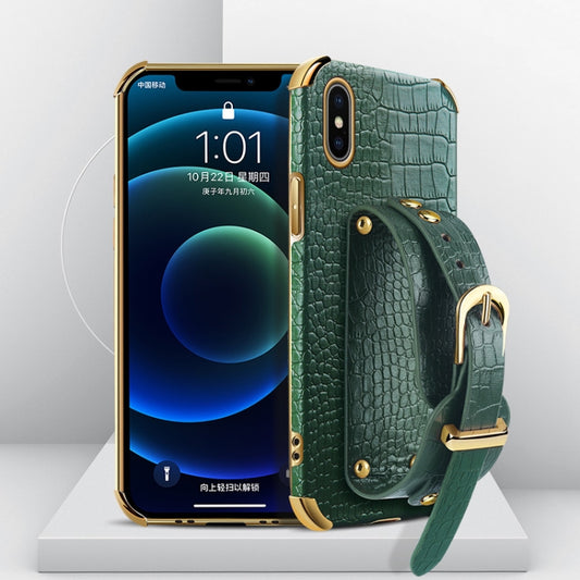 For iPhone X / XS Electroplated TPU Crocodile Pattern Leather Case with Wrist Strap(Green) - More iPhone Cases by buy2fix | Online Shopping UK | buy2fix