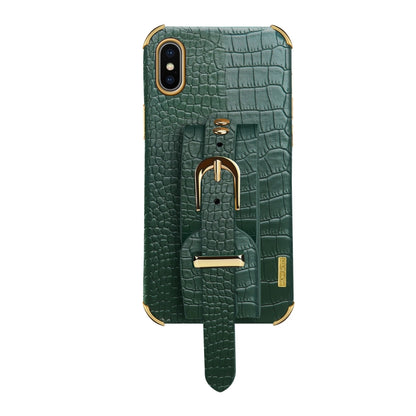 For iPhone X / XS Electroplated TPU Crocodile Pattern Leather Case with Wrist Strap(Green) - More iPhone Cases by buy2fix | Online Shopping UK | buy2fix