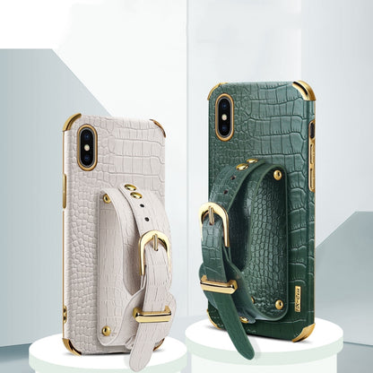 For iPhone X / XS Electroplated TPU Crocodile Pattern Leather Case with Wrist Strap(Green) - More iPhone Cases by buy2fix | Online Shopping UK | buy2fix