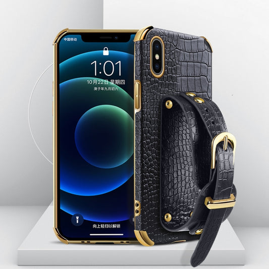 For iPhone X / XS Electroplated TPU Crocodile Pattern Leather Case with Wrist Strap(Black) - More iPhone Cases by buy2fix | Online Shopping UK | buy2fix