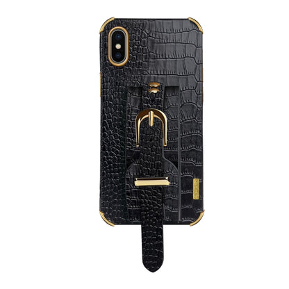 For iPhone X / XS Electroplated TPU Crocodile Pattern Leather Case with Wrist Strap(Black) - More iPhone Cases by buy2fix | Online Shopping UK | buy2fix