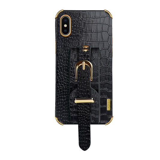 For iPhone X / XS Electroplated TPU Crocodile Pattern Leather Case with Wrist Strap(Black) - More iPhone Cases by buy2fix | Online Shopping UK | buy2fix