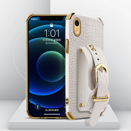 For iPhone XR Electroplated TPU Crocodile Pattern Leather Case with Wrist Strap(White) - More iPhone Cases by buy2fix | Online Shopping UK | buy2fix
