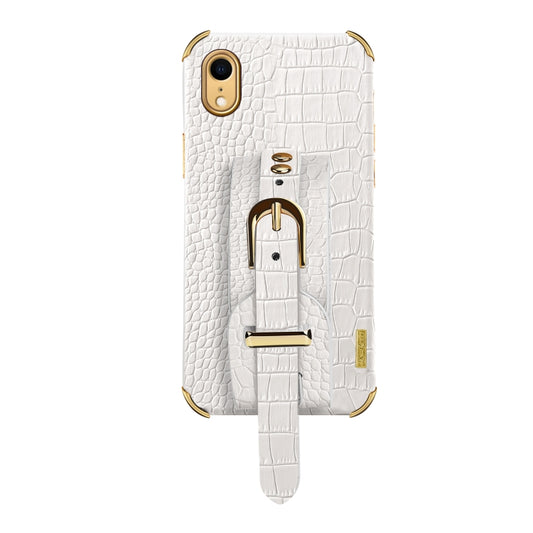 For iPhone XR Electroplated TPU Crocodile Pattern Leather Case with Wrist Strap(White) - More iPhone Cases by buy2fix | Online Shopping UK | buy2fix