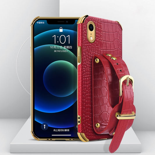 For iPhone XR Electroplated TPU Crocodile Pattern Leather Case with Wrist Strap(Red) - More iPhone Cases by buy2fix | Online Shopping UK | buy2fix