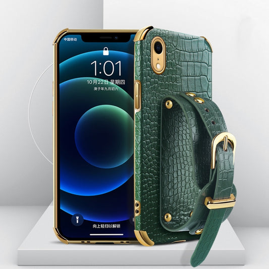 For iPhone XR Electroplated TPU Crocodile Pattern Leather Case with Wrist Strap(Green) - More iPhone Cases by buy2fix | Online Shopping UK | buy2fix