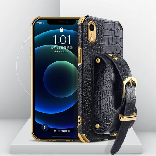 For iPhone XR Electroplated TPU Crocodile Pattern Leather Case with Wrist Strap(Black) - More iPhone Cases by buy2fix | Online Shopping UK | buy2fix