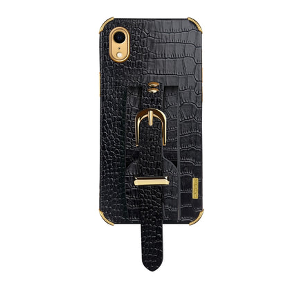For iPhone XR Electroplated TPU Crocodile Pattern Leather Case with Wrist Strap(Black) - More iPhone Cases by buy2fix | Online Shopping UK | buy2fix