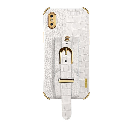 For iPhone XS Max Electroplated TPU Crocodile Pattern Leather Case with Wrist Strap(White) - More iPhone Cases by buy2fix | Online Shopping UK | buy2fix
