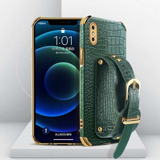 For iPhone XS Max Electroplated TPU Crocodile Pattern Leather Case with Wrist Strap(Green) - More iPhone Cases by buy2fix | Online Shopping UK | buy2fix