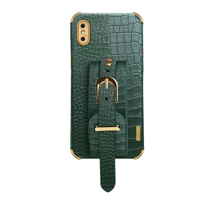 For iPhone XS Max Electroplated TPU Crocodile Pattern Leather Case with Wrist Strap(Green) - More iPhone Cases by buy2fix | Online Shopping UK | buy2fix