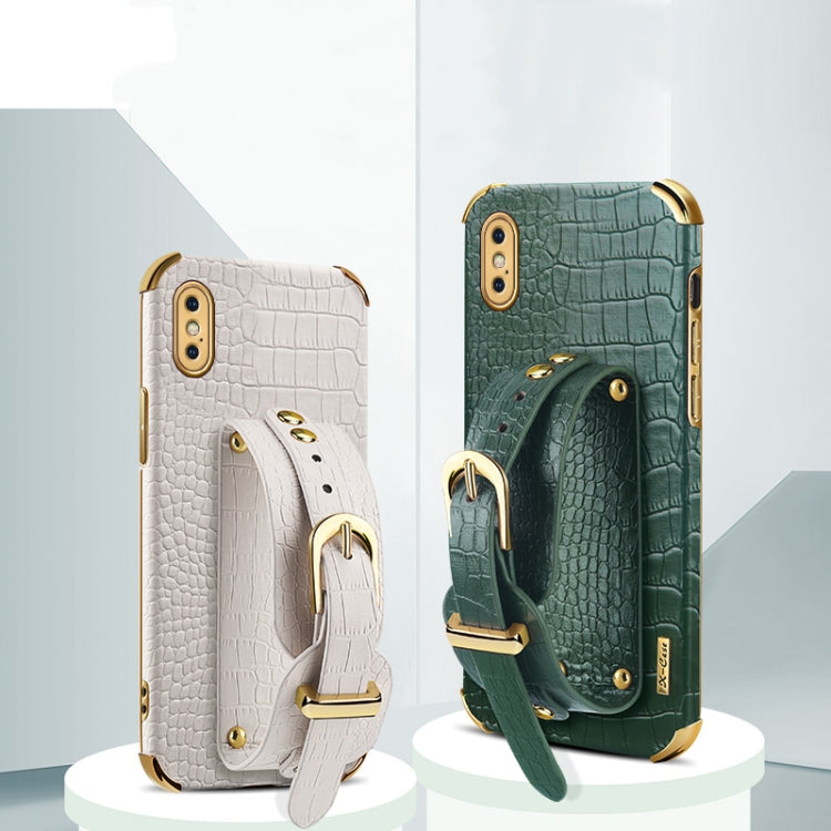 For iPhone XS Max Electroplated TPU Crocodile Pattern Leather Case with Wrist Strap(Green) - More iPhone Cases by buy2fix | Online Shopping UK | buy2fix