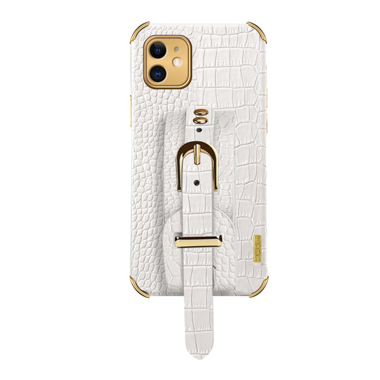 For iPhone 11 Electroplated TPU Crocodile Pattern Leather Case with Wrist Strap (White) - iPhone 11 Cases by buy2fix | Online Shopping UK | buy2fix