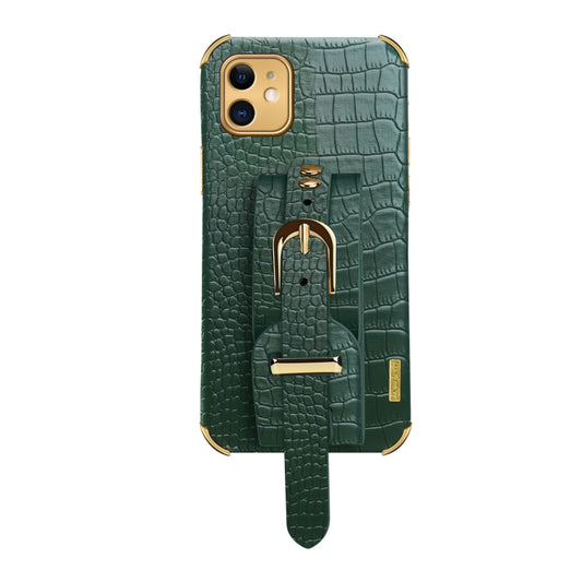 For iPhone 11 Electroplated TPU Crocodile Pattern Leather Case with Wrist Strap (Green) - iPhone 11 Cases by buy2fix | Online Shopping UK | buy2fix