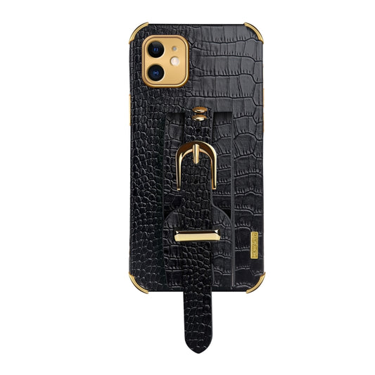 For iPhone 11 Electroplated TPU Crocodile Pattern Leather Case with Wrist Strap (Black) - iPhone 11 Cases by buy2fix | Online Shopping UK | buy2fix