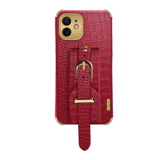 For iPhone 12 Electroplated TPU Crocodile Pattern Leather Case with Wrist Strap(Red) - iPhone 12 / 12 Pro Cases by buy2fix | Online Shopping UK | buy2fix