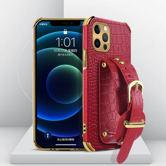 For iPhone 12 Pro Electroplated TPU Crocodile Pattern Leather Case with Wrist Strap(Red) - iPhone 12 Pro Max Cases by buy2fix | Online Shopping UK | buy2fix