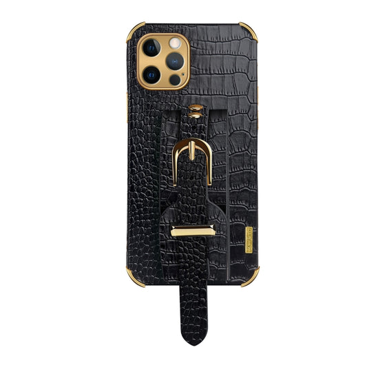 For iPhone 12 Pro Electroplated TPU Crocodile Pattern Leather Case with Wrist Strap(Black) - iPhone 12 Pro Max Cases by buy2fix | Online Shopping UK | buy2fix
