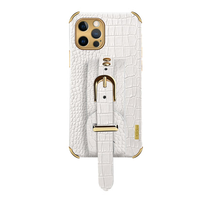 For iPhone 12 Pro Max Electroplated TPU Crocodile Pattern Leather Case with Wrist Strap(White) - iPhone 12 Pro Max Cases by buy2fix | Online Shopping UK | buy2fix