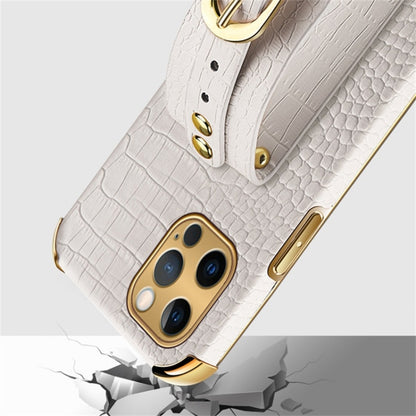 For iPhone 12 Pro Max Electroplated TPU Crocodile Pattern Leather Case with Wrist Strap(White) - iPhone 12 Pro Max Cases by buy2fix | Online Shopping UK | buy2fix