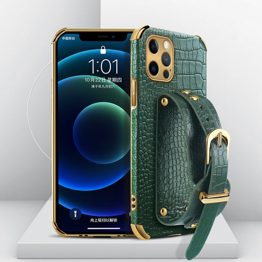 For iPhone 12 Pro Max Electroplated TPU Crocodile Pattern Leather Case with Wrist Strap(Green) - iPhone 12 Pro Max Cases by buy2fix | Online Shopping UK | buy2fix