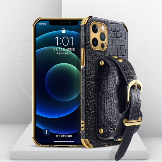 For iPhone 12 Pro Max Electroplated TPU Crocodile Pattern Leather Case with Wrist Strap(Black) - iPhone 12 Pro Max Cases by buy2fix | Online Shopping UK | buy2fix