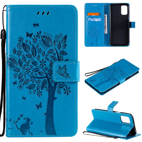 For LG K52 Tree & Cat Pattern Pressed Printing Horizontal Flip PU Leather Case with Holder & Card Slots & Wallet & Lanyard(Blue)