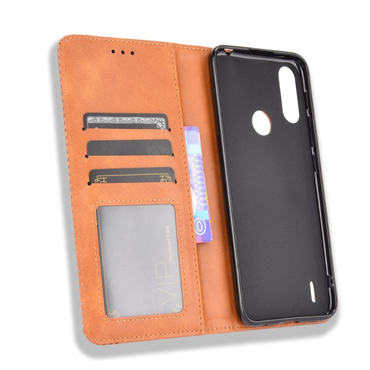 For Motorola Moto E7 Power Magnetic Buckle Retro Texture Horizontal Flip Leather Case with Holder & Card Slots & Photo Frame(Brown) - Motorola Cases by buy2fix | Online Shopping UK | buy2fix