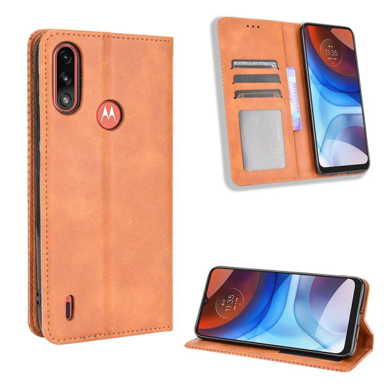For Motorola Moto E7 Power Magnetic Buckle Retro Texture Horizontal Flip Leather Case with Holder & Card Slots & Photo Frame(Brown) - Motorola Cases by buy2fix | Online Shopping UK | buy2fix
