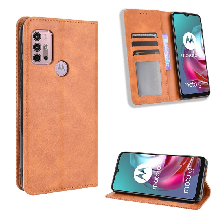 For Motorola Moto G30 Magnetic Buckle Retro Texture Horizontal Flip Leather Case with Holder & Card Slots & Photo Frame(Brown) - Motorola Cases by buy2fix | Online Shopping UK | buy2fix