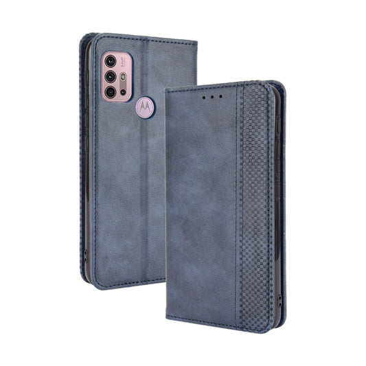 For Motorola Moto G30 Magnetic Buckle Retro Texture Horizontal Flip Leather Case with Holder & Card Slots & Photo Frame(Blue) - Motorola Cases by buy2fix | Online Shopping UK | buy2fix