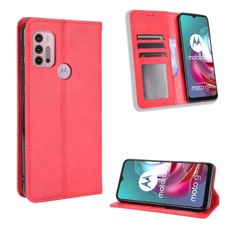 For Motorola Moto G30 Magnetic Buckle Retro Texture Horizontal Flip Leather Case with Holder & Card Slots & Photo Frame(Red) - Motorola Cases by buy2fix | Online Shopping UK | buy2fix