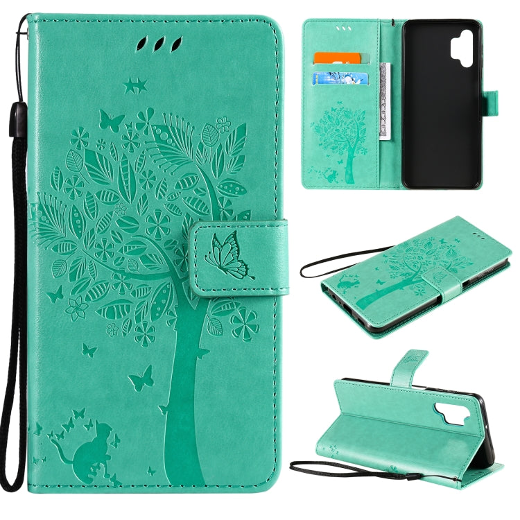 For Samsung Galaxy A32 5G Tree & Cat Pattern Pressed Printing Horizontal Flip PU Leather Case with Holder & Card Slots & Wallet & Lanyard(Green) by imak