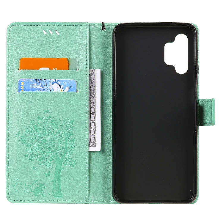 For Samsung Galaxy A32 5G Tree & Cat Pattern Pressed Printing Horizontal Flip PU Leather Case with Holder & Card Slots & Wallet & Lanyard(Green) by imak